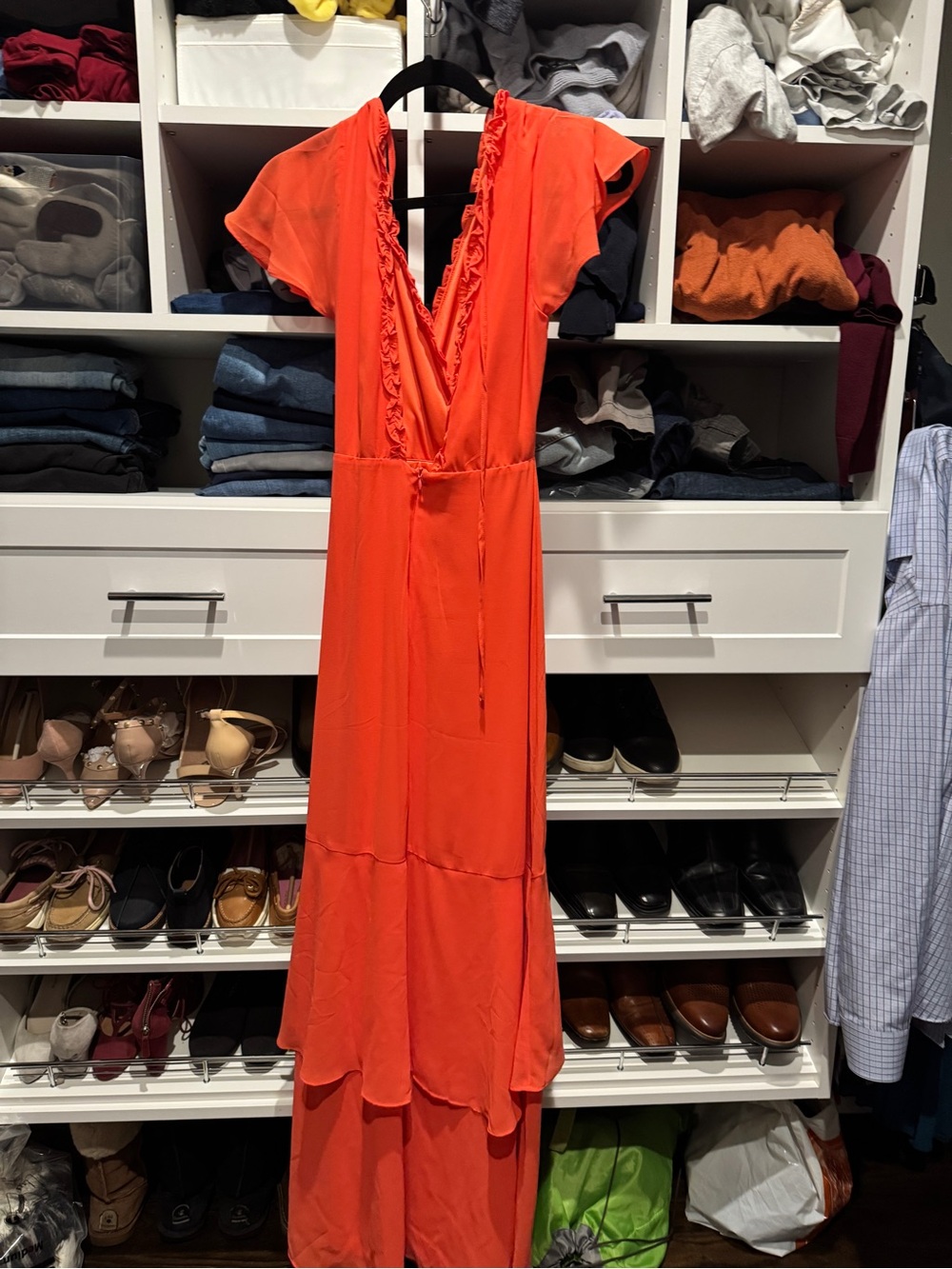 Lulus Women's Coral Ruffle V-Neck Maxi Dress (NWT)